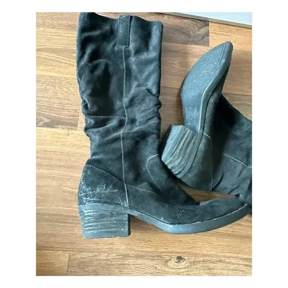 Born Doyle Tall Suede Leather Black Distressed Slouch Boots sz 8.5
